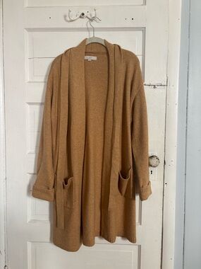 LOFT Camel Open-Front Hooded Cardigan Sweater